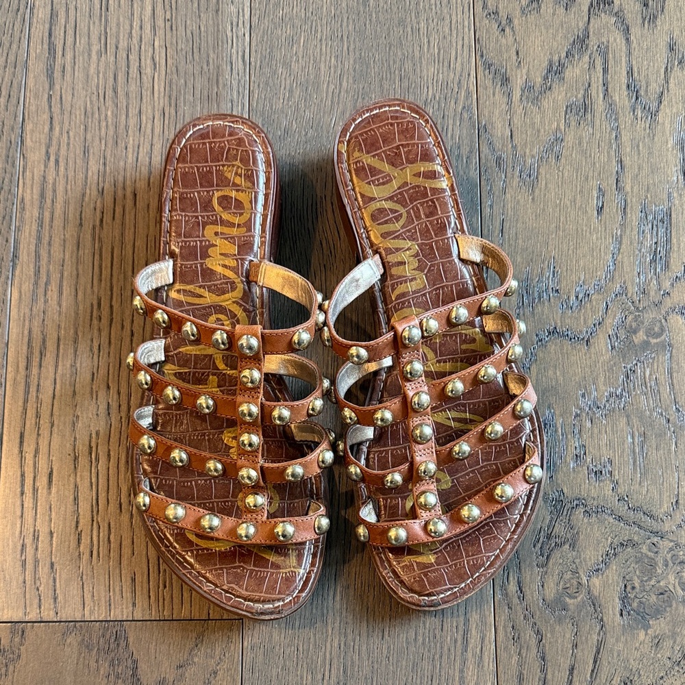 Sam Edelman Brown Leather Studded Slide Sandals with Gold Accents